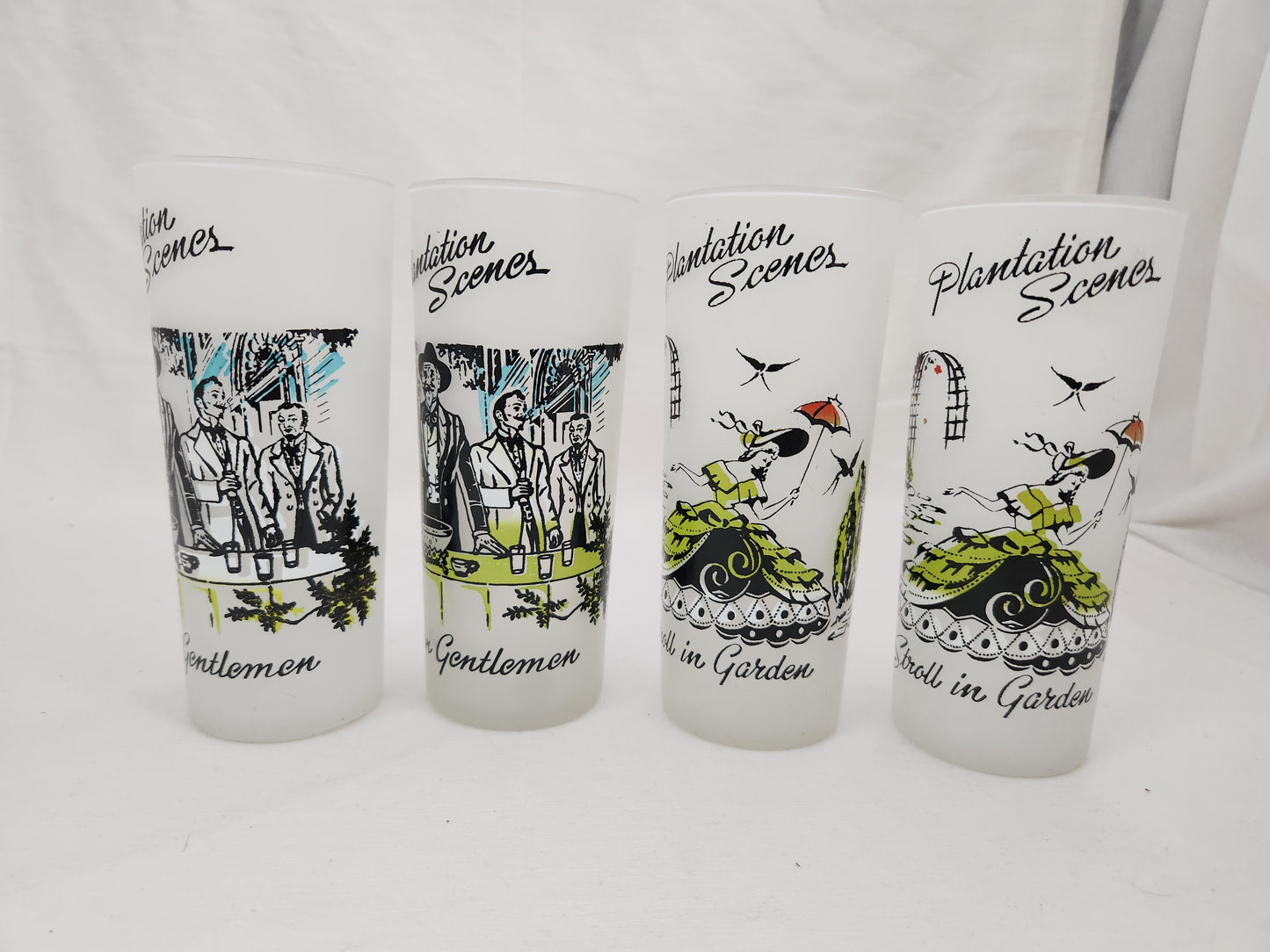 Set of 4 - Libbey Plantation Scenes Frosted Tea Glasses