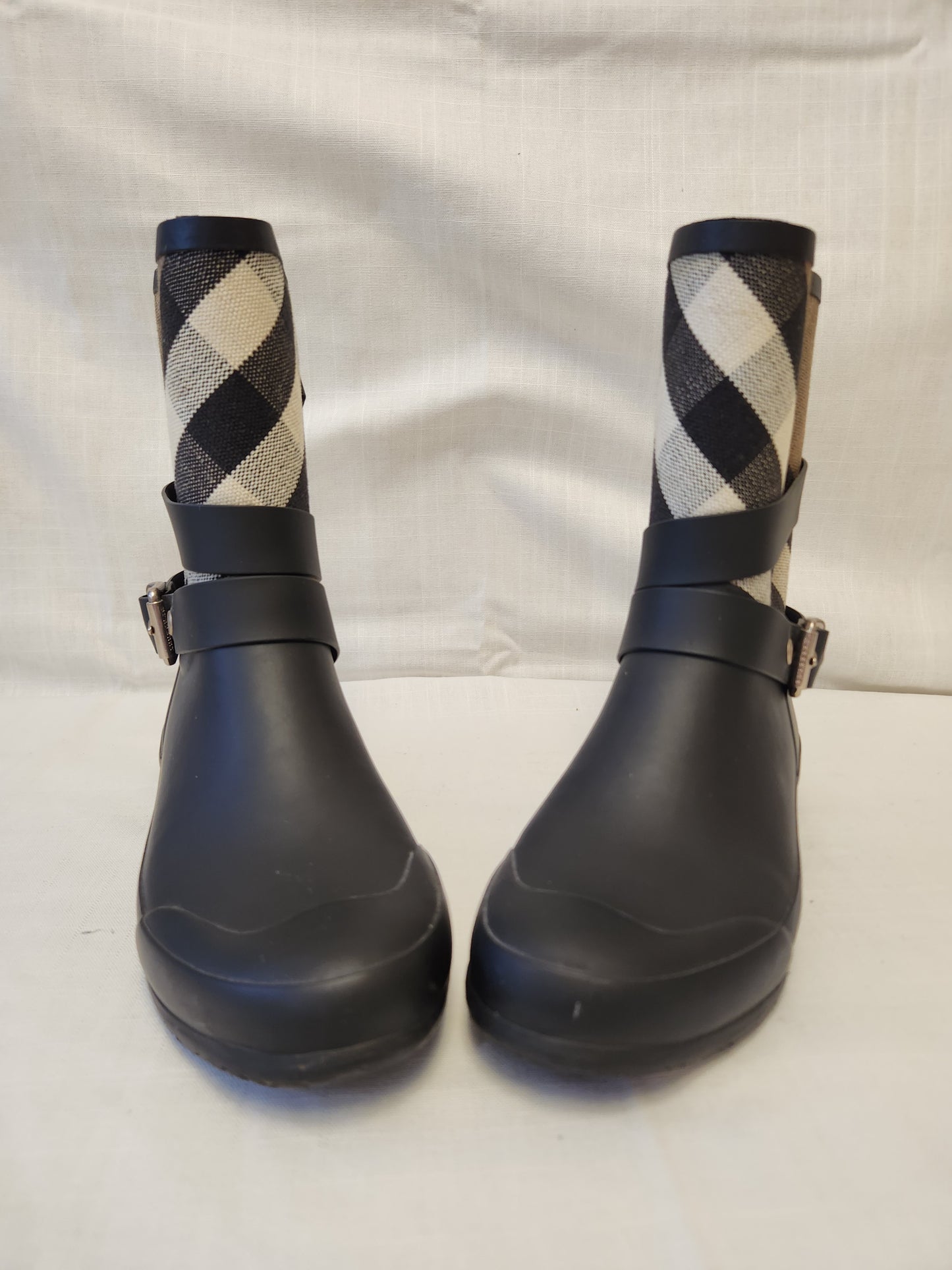 Burberry "Holloway" Mid Buckle Canvas Check Rubber Rain Boots - Size: 37 (US 6-1/2)
