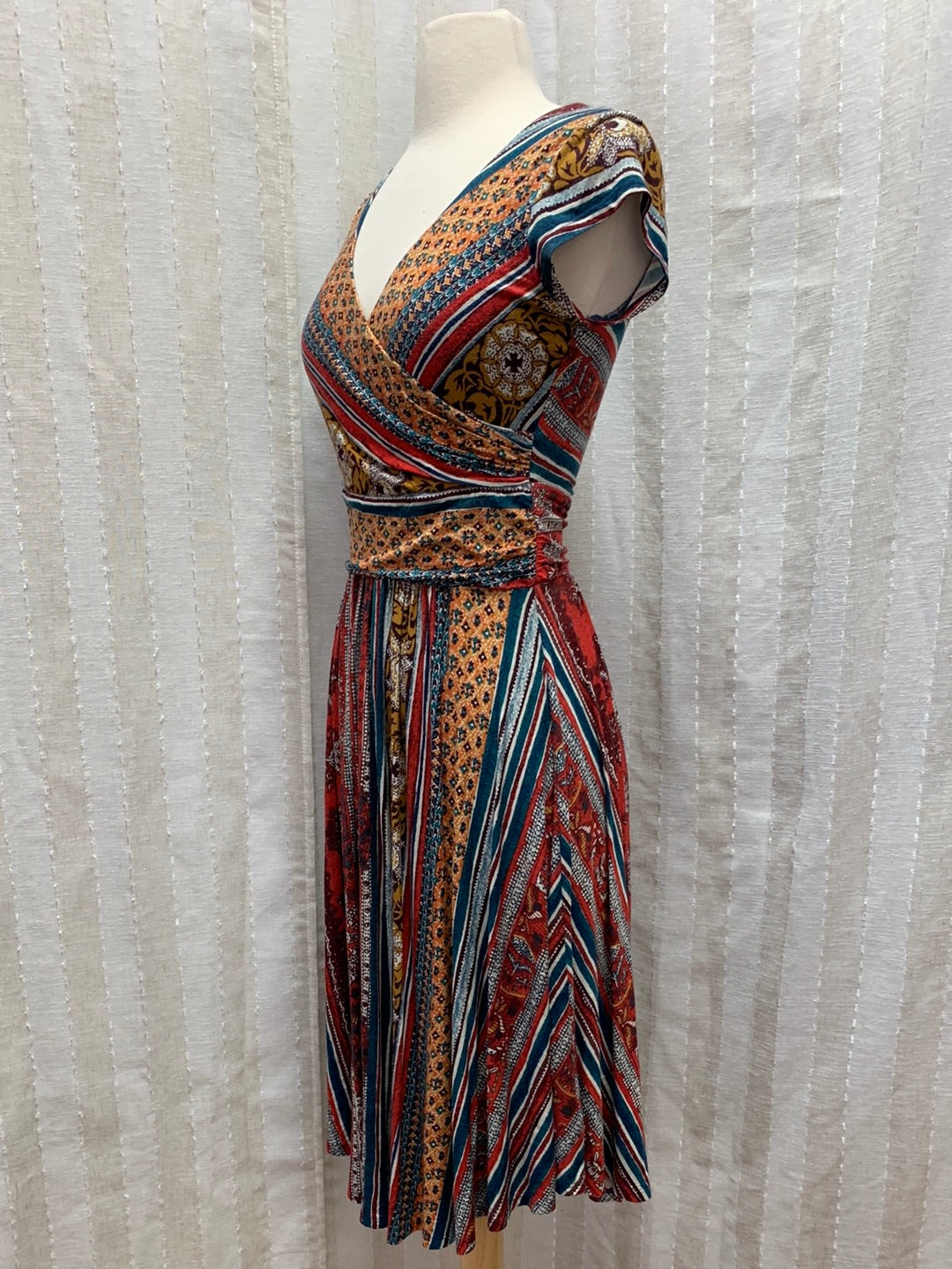 MAEVE ANTHROPOLOGIE red teal print Cap Sleeve Tamera Dress - XS