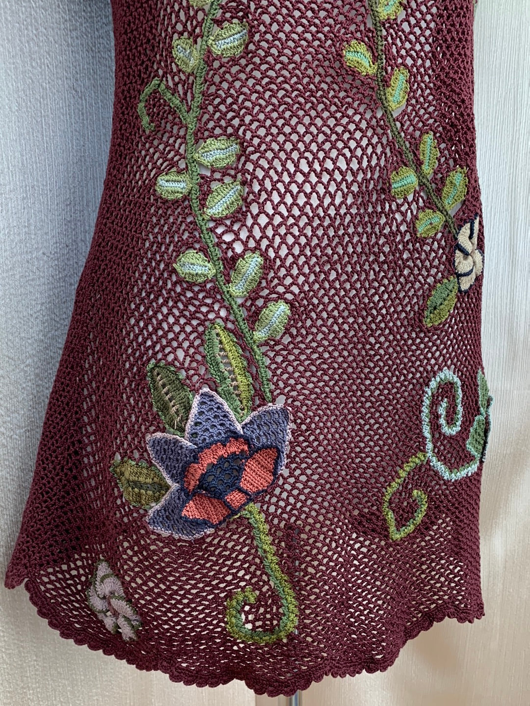 PERUVIAN CONNECTION maroon green Pima Cotton Crochet Floral Top - L