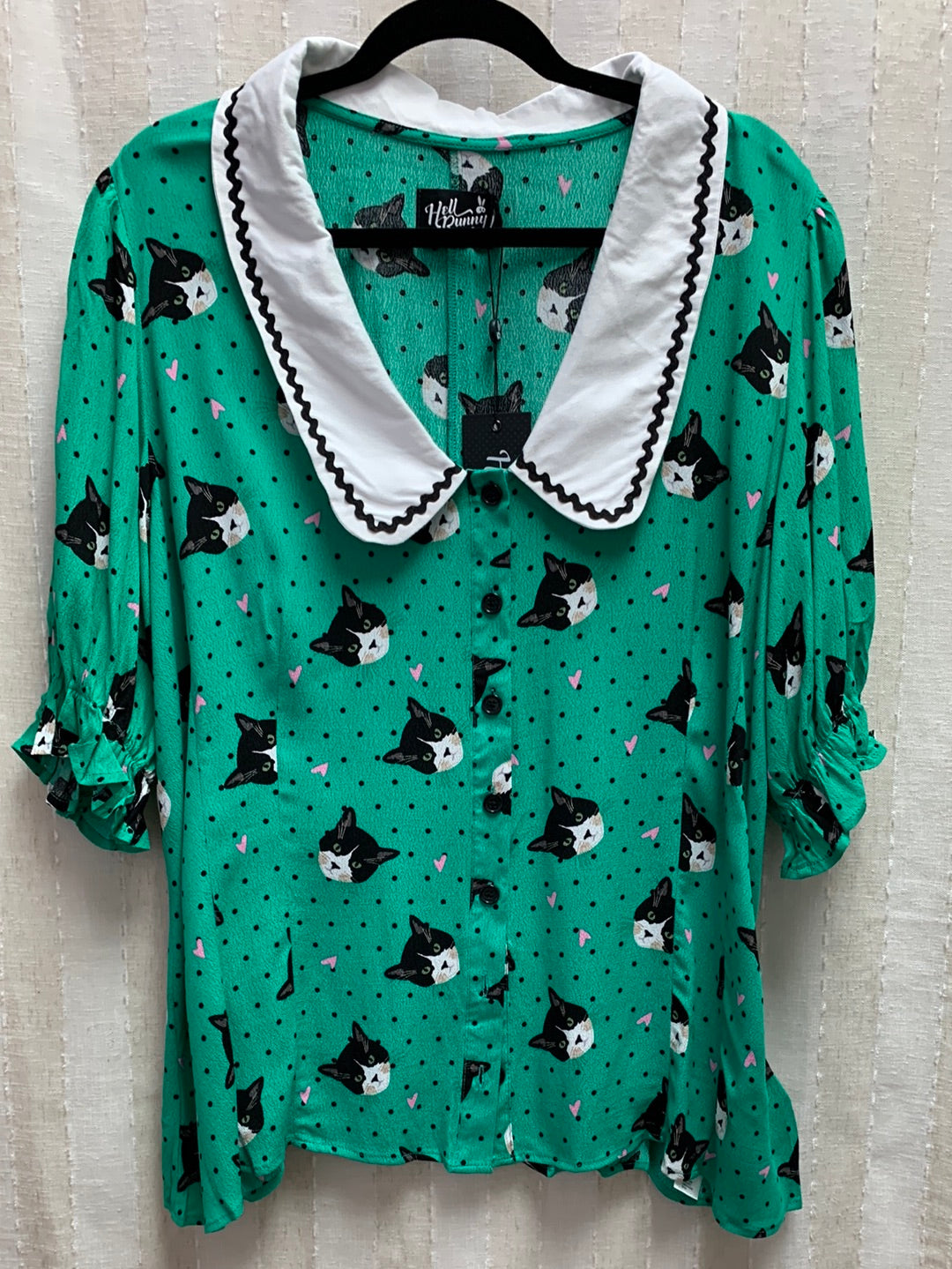 NWT - HELL BUNNY green print Short Sleeve Button Love Cats Blouse- 4XL