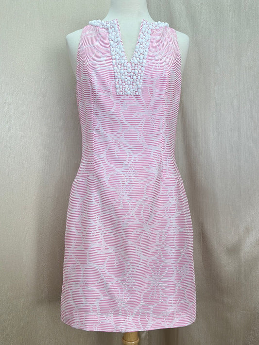 LILLY PULITZER pink white Airy Shift Rosy Posie Beaded Sleeveless Dress - 4