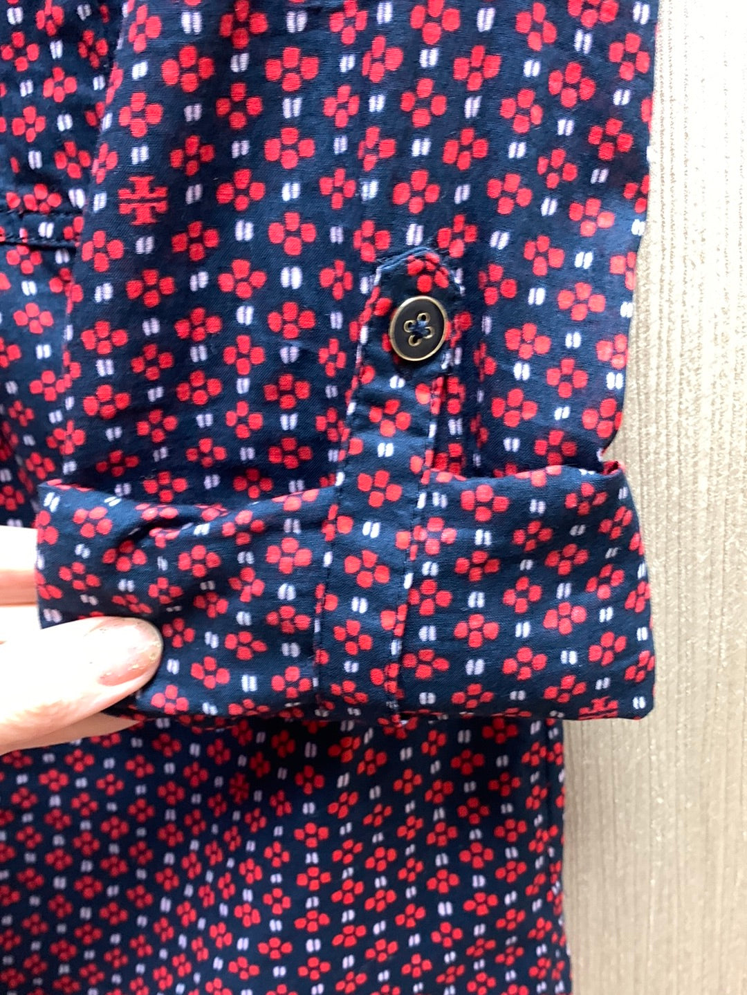 TORY BURCH navy red print Cotton Roll Tab Long Sleeve Blouse - 2