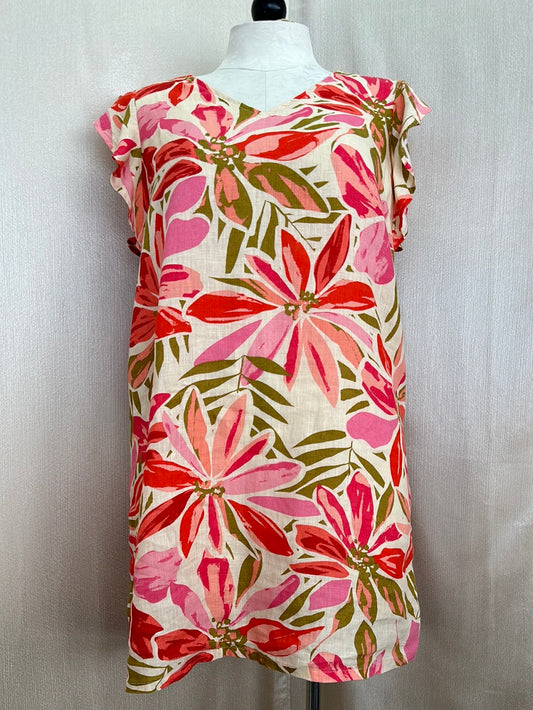 NICOLE MILLER pink tan Floral 100% Linen Ruffle Sleeveless Shift Dress - L