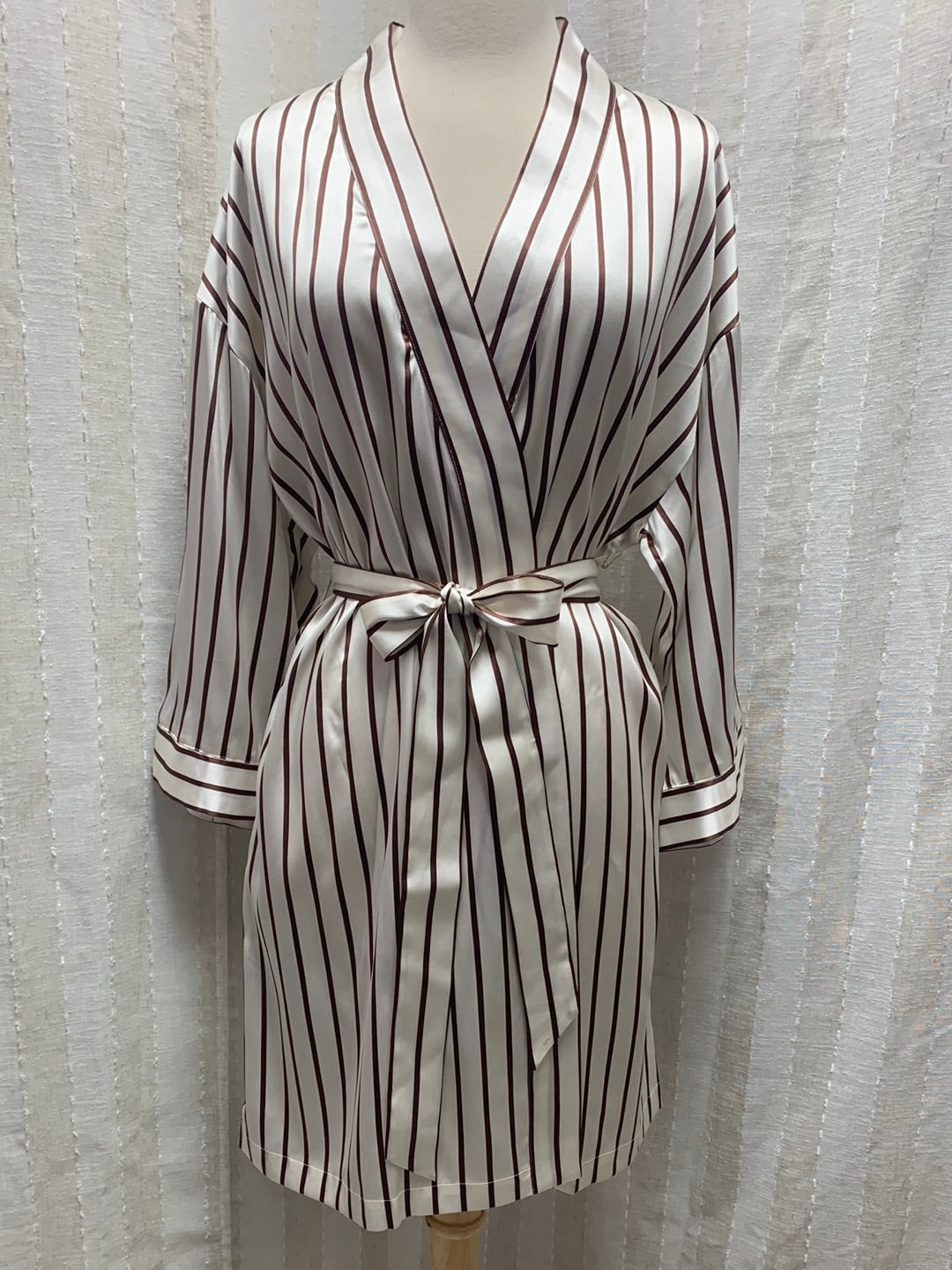 NWT - HAVEN WELL WITHIN brown stripe Washable Silk 3/4 Sleeve Robe - Medium
