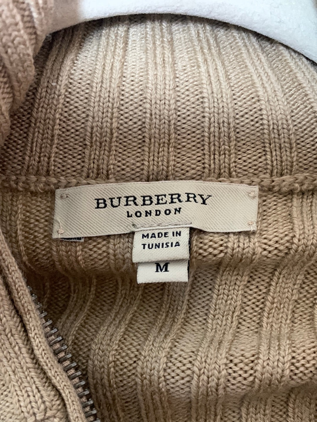 BURBERRY LONDON tan Merino Wool Plaid Shoulder Zip Jacket Cardigan - M