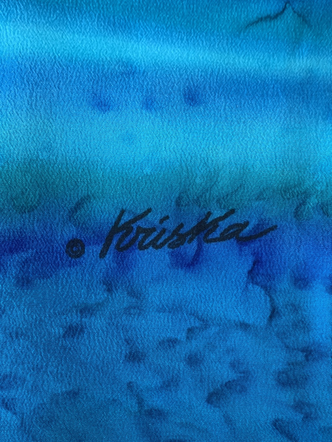 KRISKA Signed blue seafoam Silk Handpainted Rectangular Scarf - 52x10"