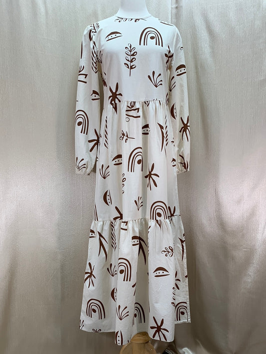 NWT - SEVITLI natural brown Print Cotton Linen Long Sleeve Maxi Dress - 36