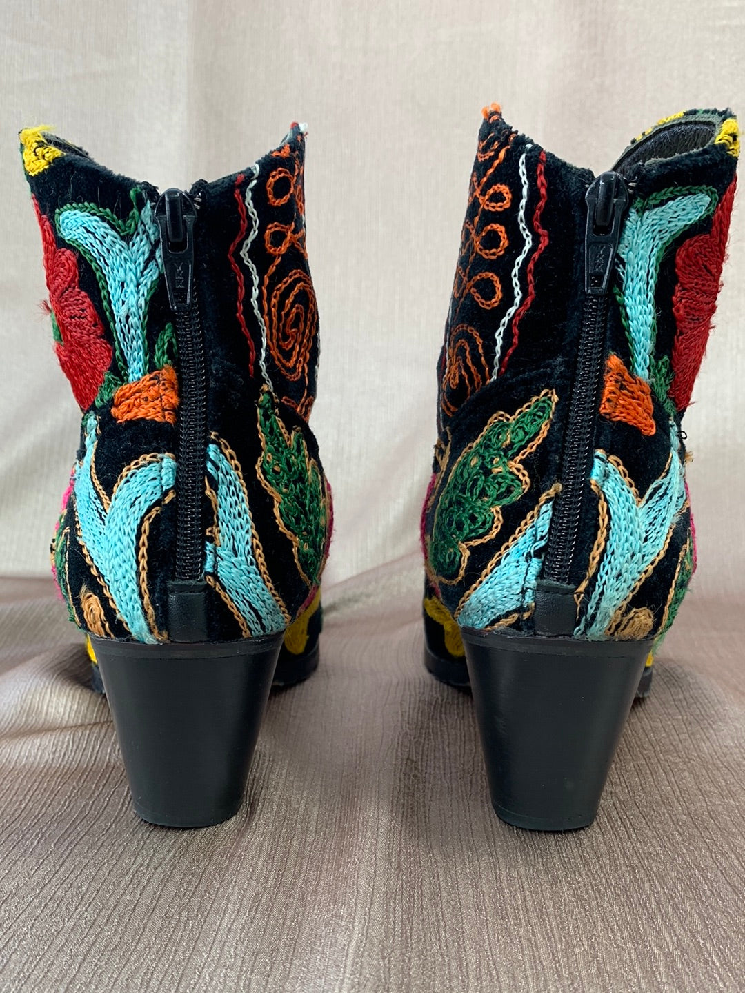 ARTEMIS black multi Velvet Floral Embroidered 2.5" Heel Ankle Boot - 38 (US 7.5)