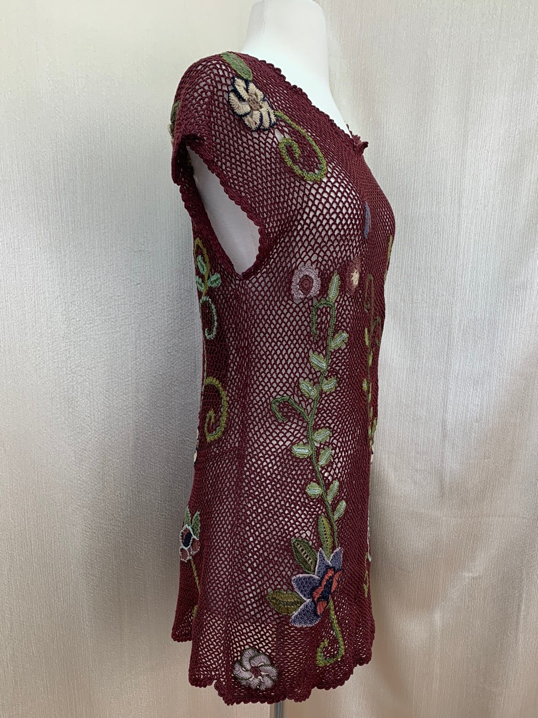 PERUVIAN CONNECTION maroon green Pima Cotton Crochet Floral Top - L