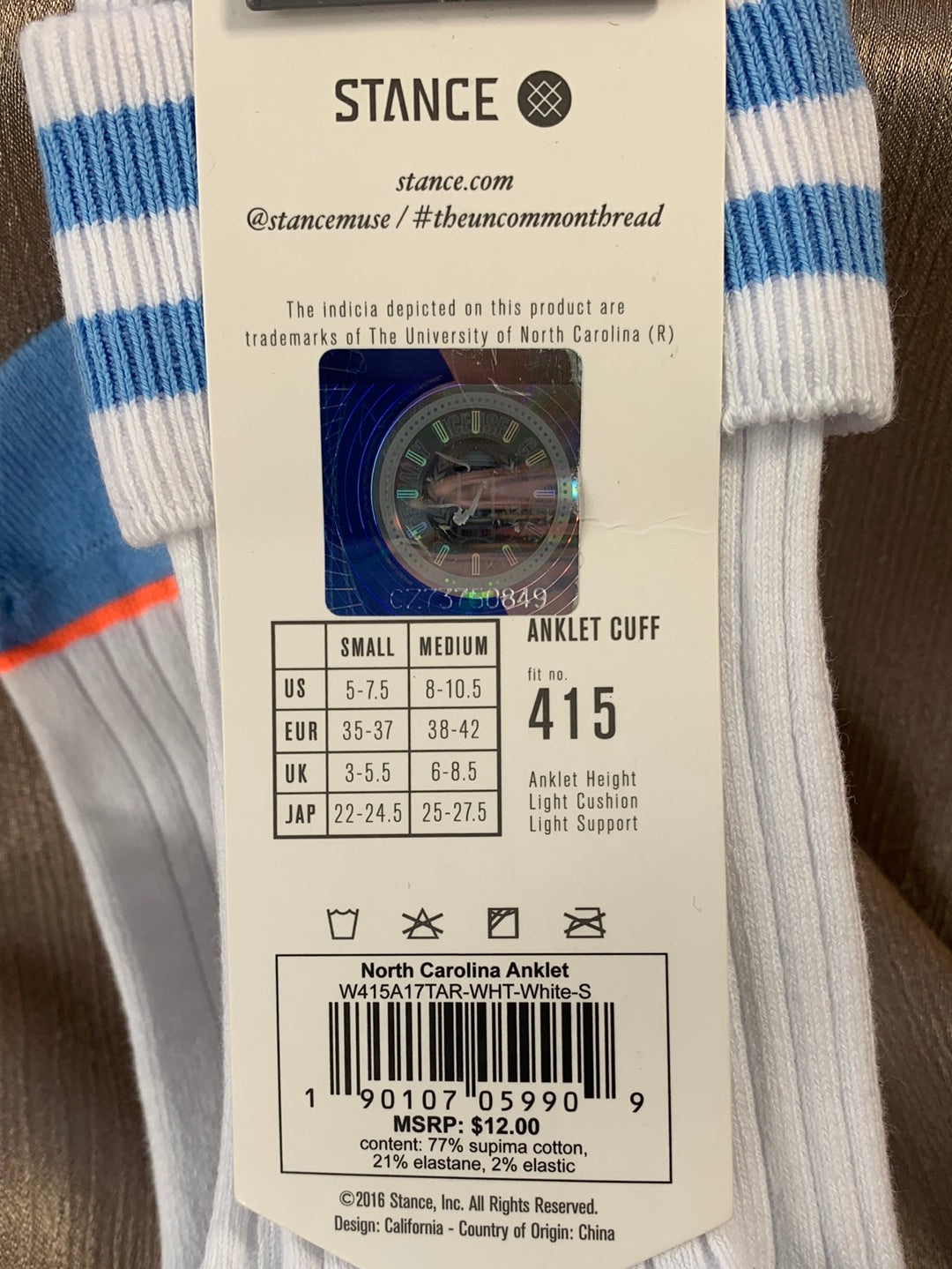 NWT - STANCE white blue Anklet Cuff UNC Carolina Socks - S | 5-7.5