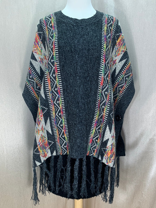 NWT - LOVE BY DESIGN charcoal multi Fringe Jacquard Sweater Poncho - M