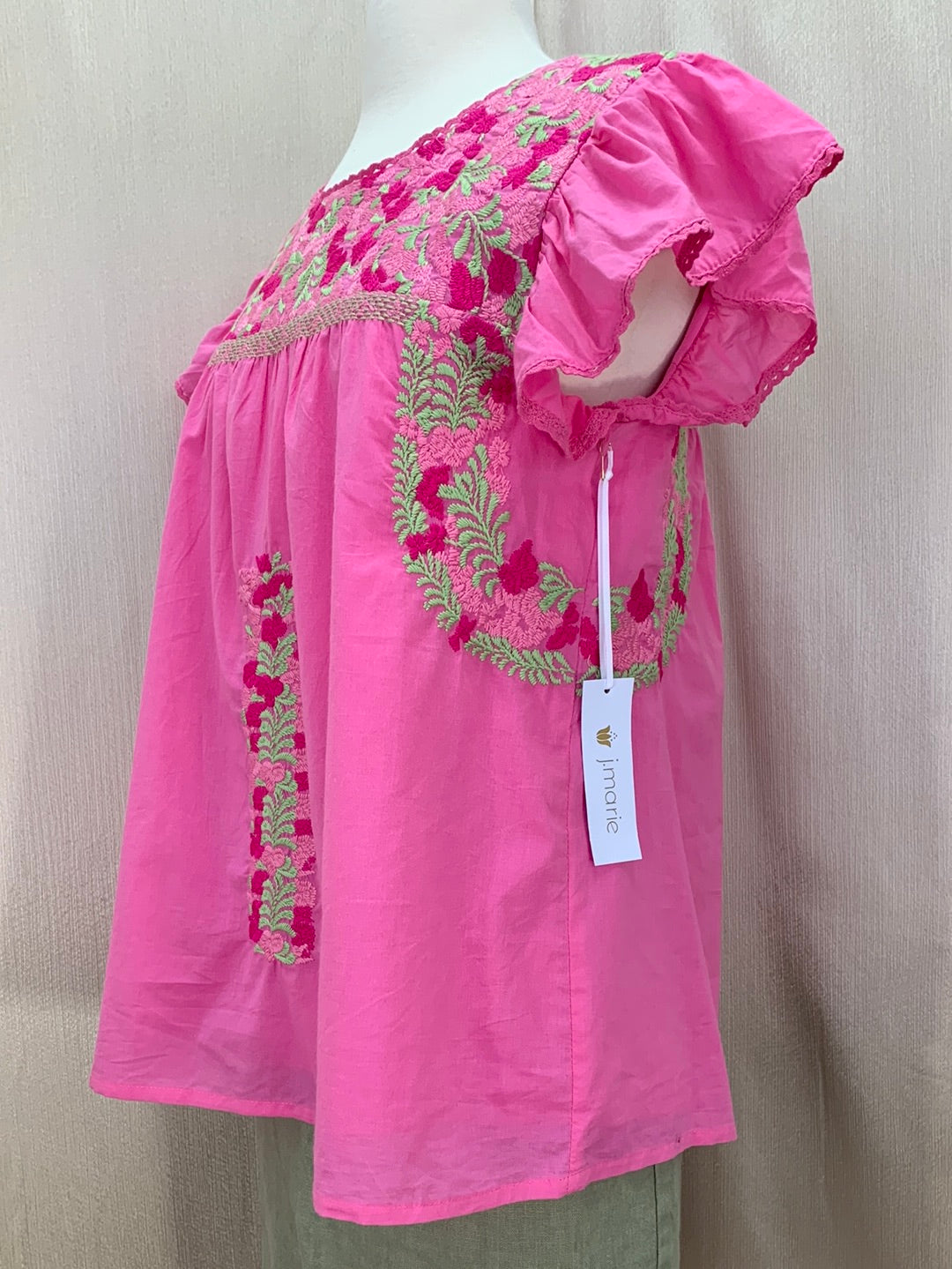 NWT - J MARIE pink green Embroidered Flutter Sleeve Lined Kehlani Top - M