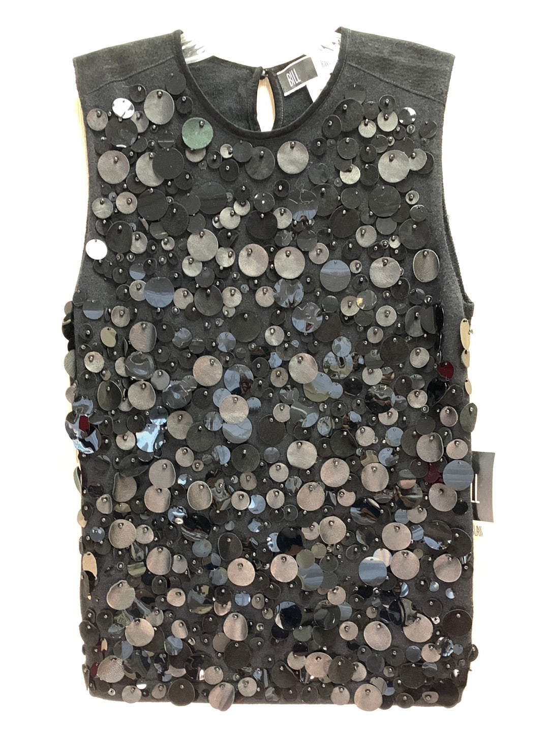 NWT - BILL BLASS black Merino Wool Leather Sequin Sleeveless Top - S