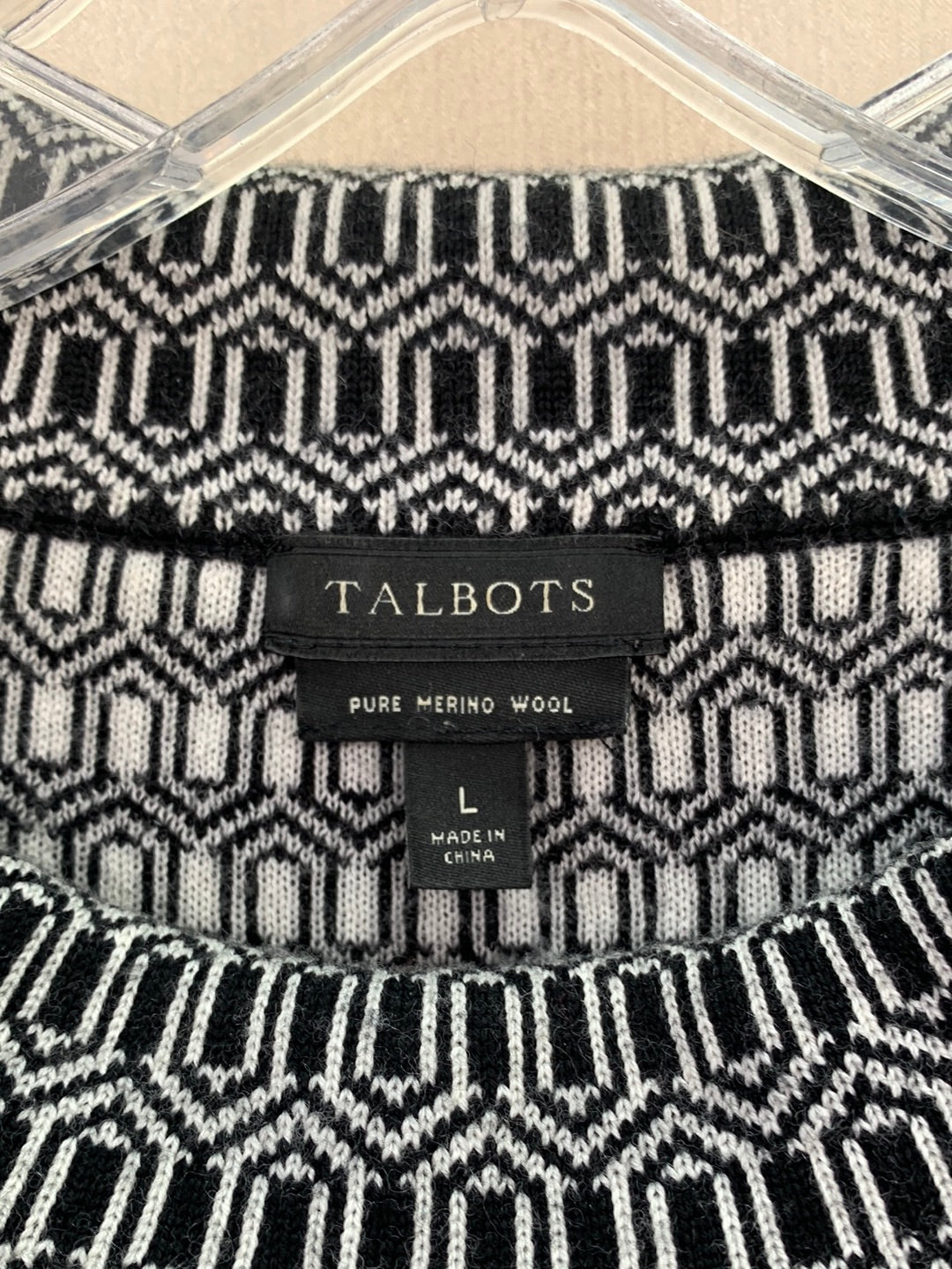 TALBOTS black white pattern Merino Wool 3/4 Sleeve Sweater - L