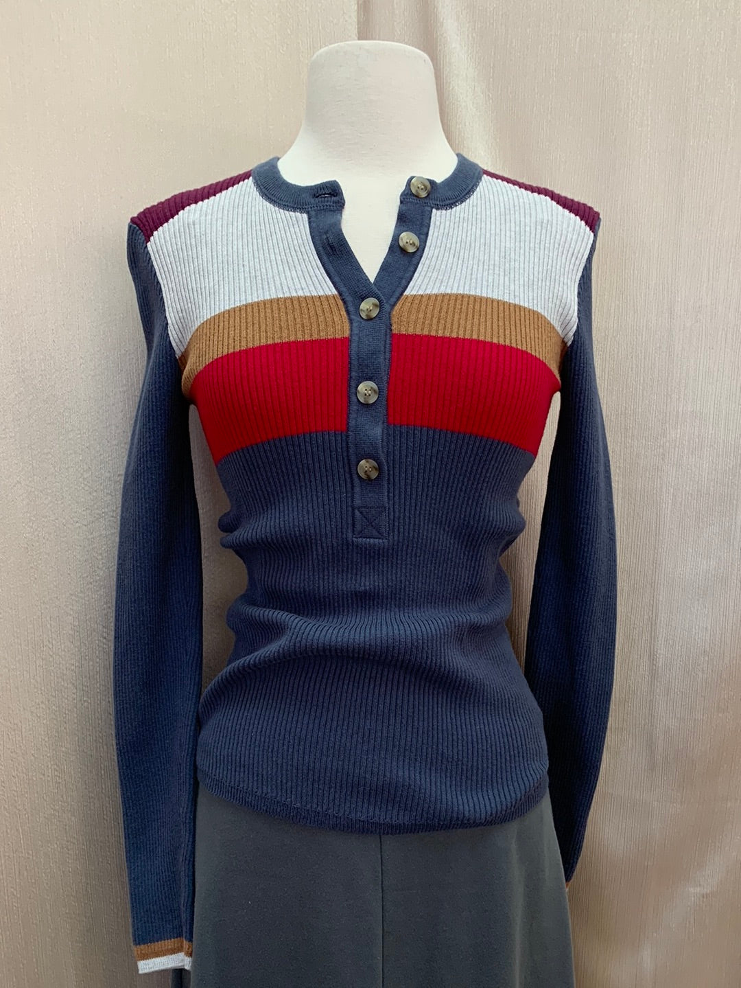 FAHERTY grey multicolor Retro Stripe Organic Cotton Mikki Henley Top - XS