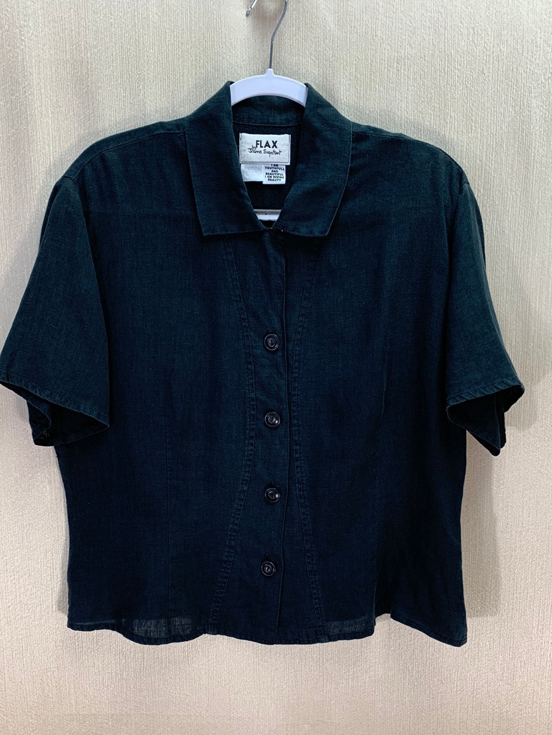 FLAX JEANNE ENGELHART faded black Linen Button Up Short Sleeve Top - L –  CommunityWorx Thrift Online
