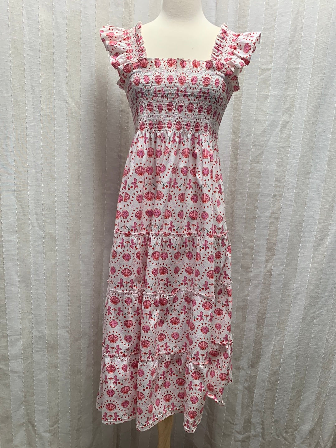 HILL HOUSE pink print Mermaid Cherry Midi Ellie Nap Dress - Medium (repairs needed)