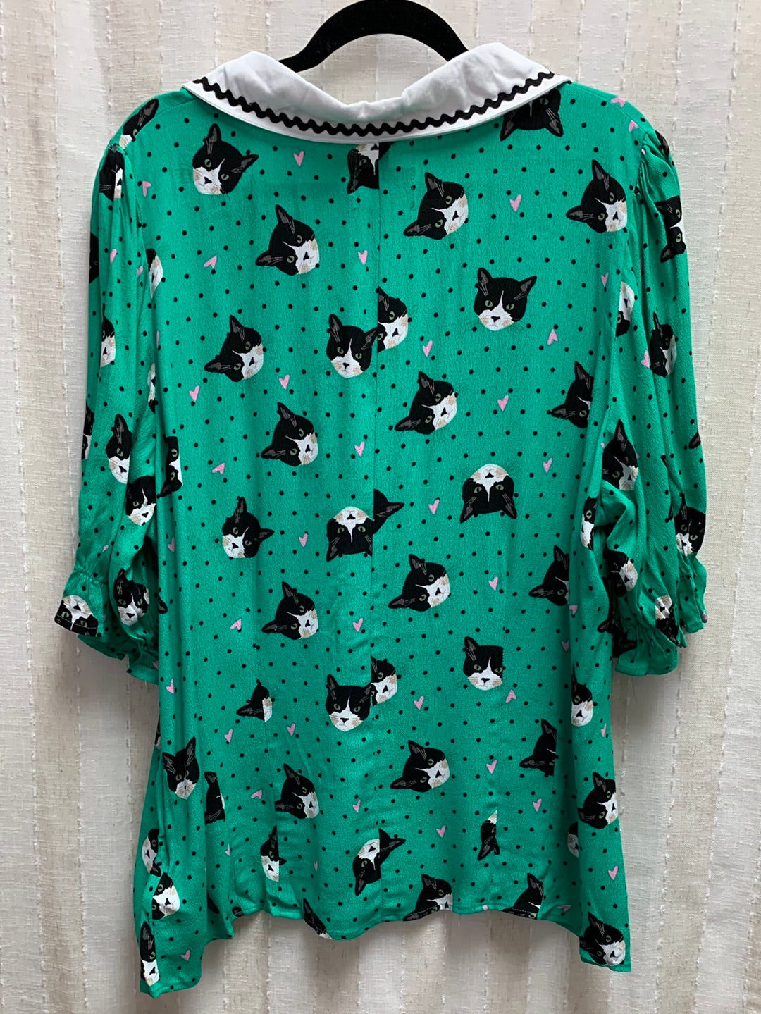 NWT - HELL BUNNY green print Short Sleeve Button Love Cats Blouse- 4XL