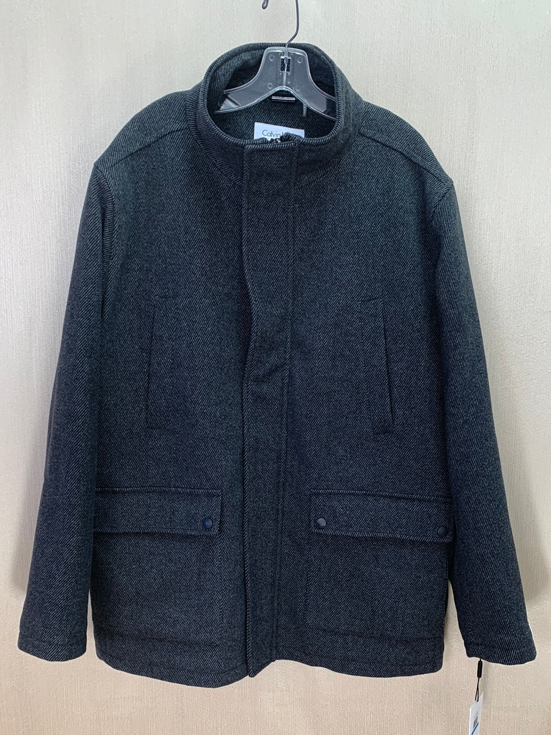 NWT - CALVIN KLEIN grey stripe Wool Blend Full Zip Over Coat Jacket - XL