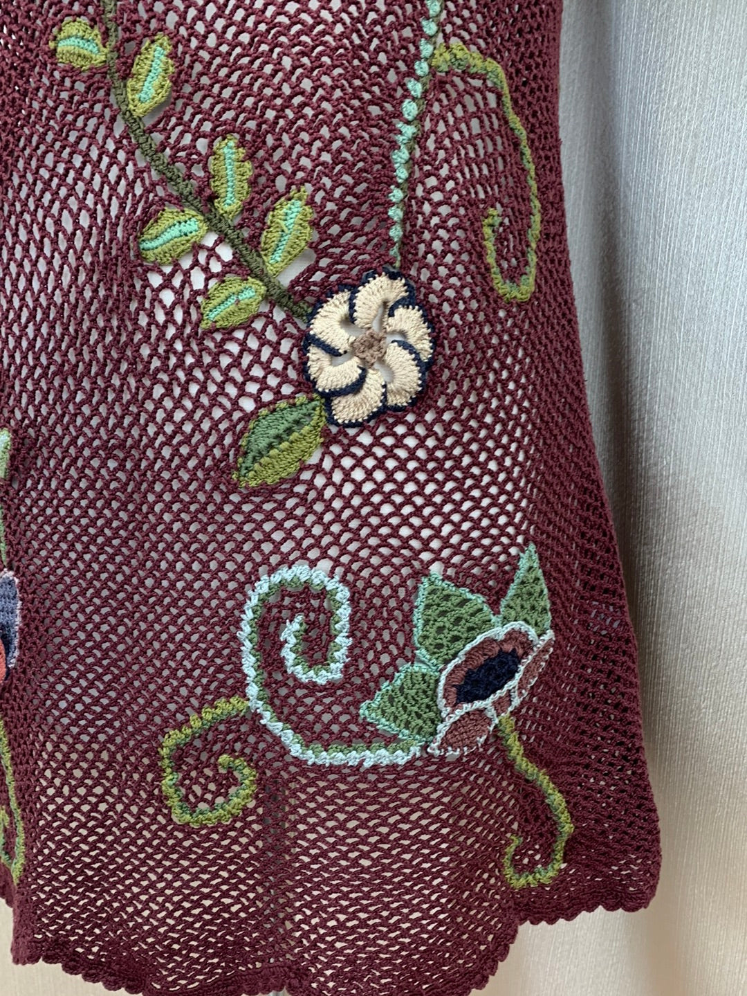 PERUVIAN CONNECTION maroon green Pima Cotton Crochet Floral Top - L