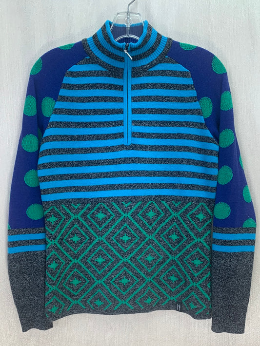 NEVE blue green Merino Wool Blend Dot Stripe 1/4 Zip Pullover Sweater - M