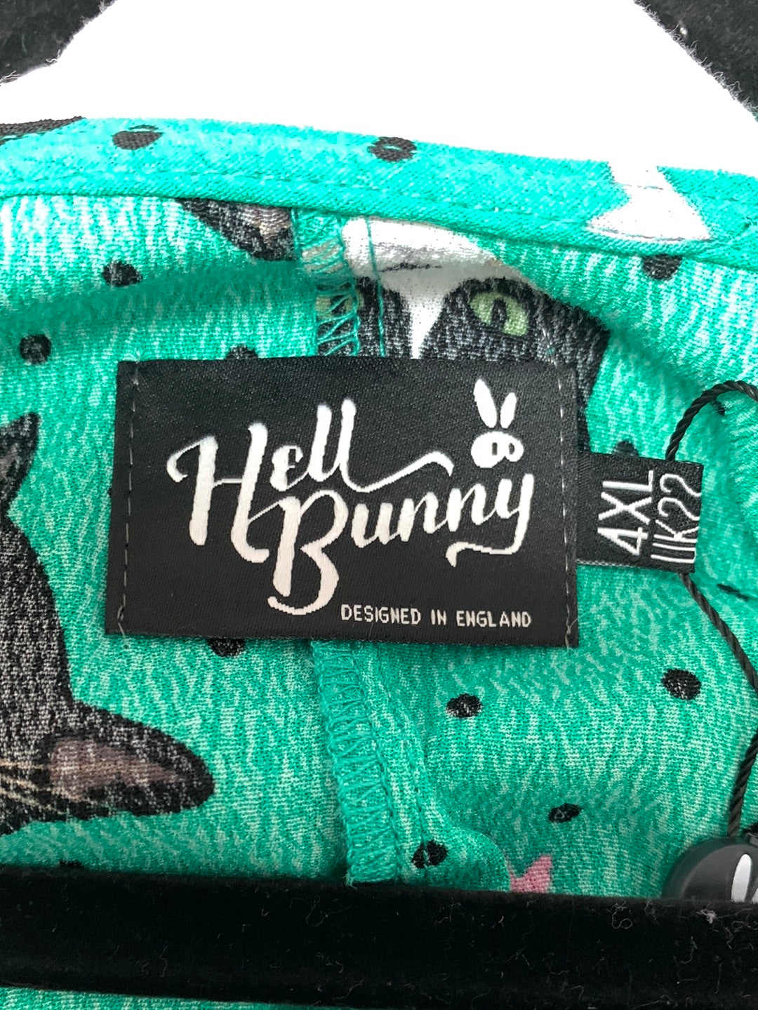 NWT - HELL BUNNY green print Short Sleeve Button Love Cats Blouse- 4XL