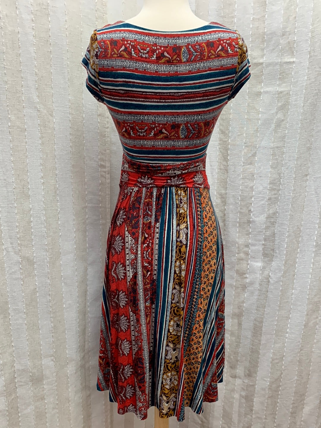 MAEVE ANTHROPOLOGIE red teal print Cap Sleeve Tamera Dress - XS