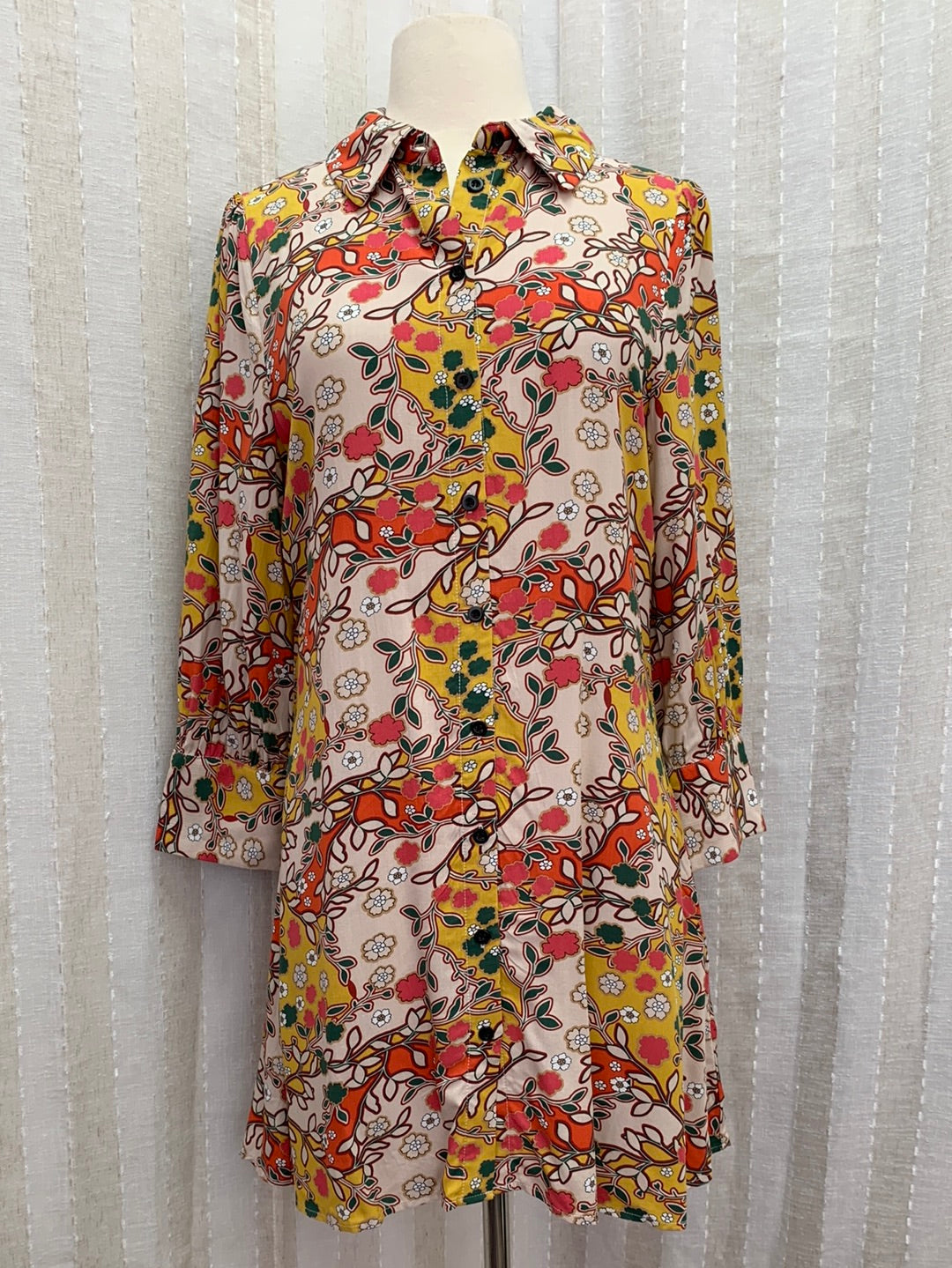 NWT - NATURAL LIFE mustard yellow Floral Twiggy Mini Shirt Dress - Medium