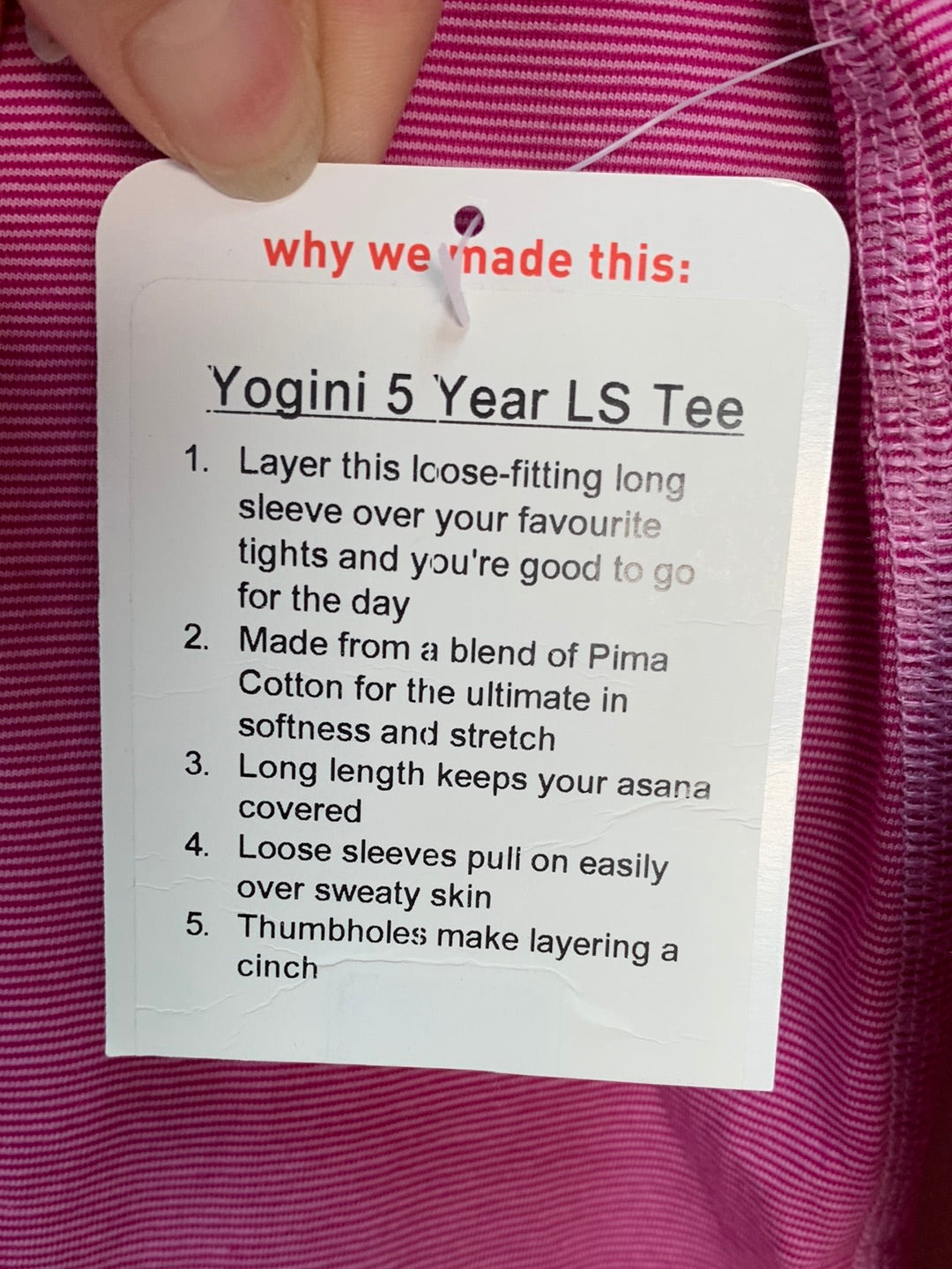 NWT - LULULEMON pink stripe Yogini 5 yr Long Sleeve Tee Shirt - 6