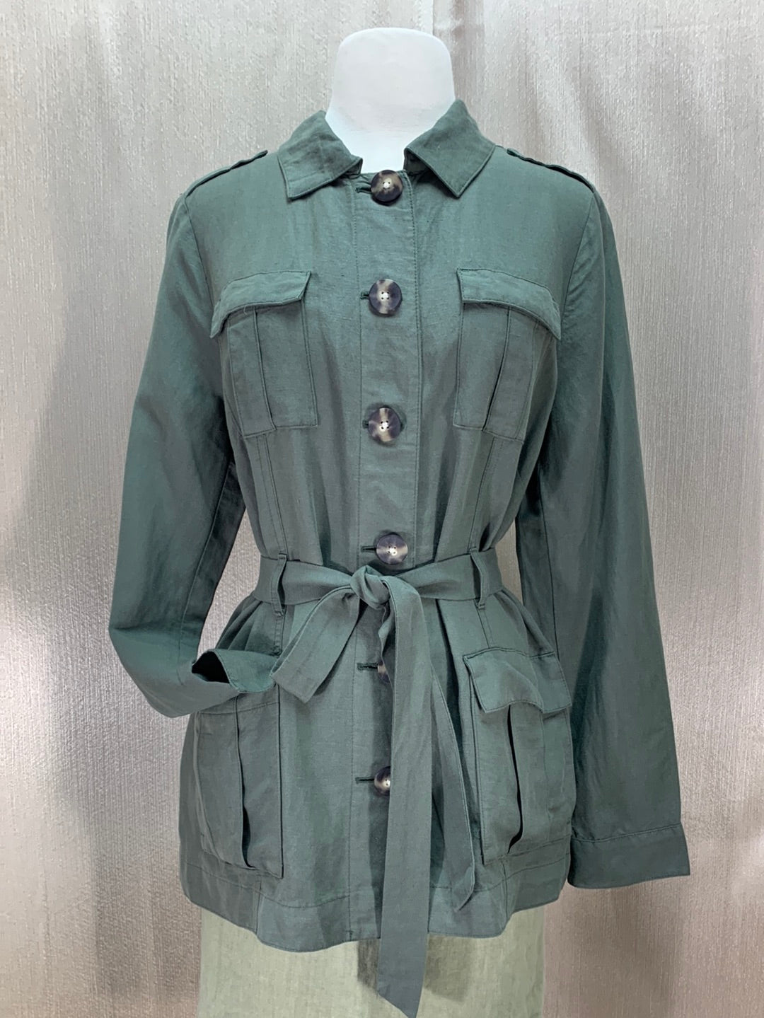 NWT - J JILL green Linen Rayon Blend Belted Caraway Jacket - MP