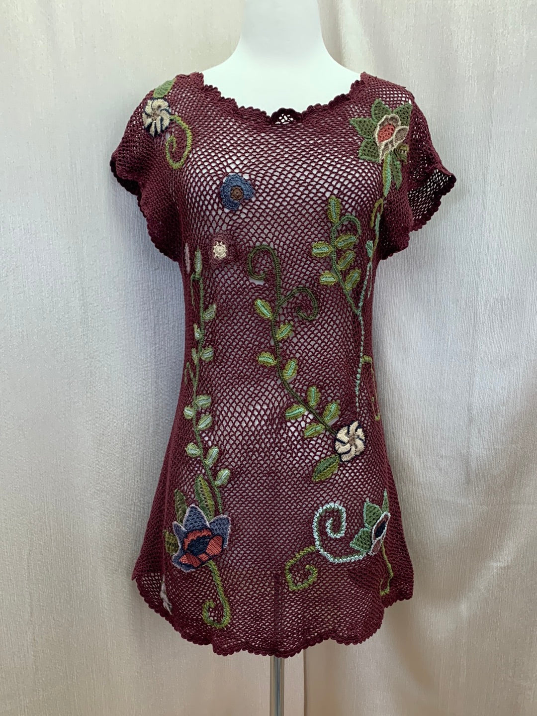 PERUVIAN CONNECTION maroon green Pima Cotton Crochet Floral Top - L