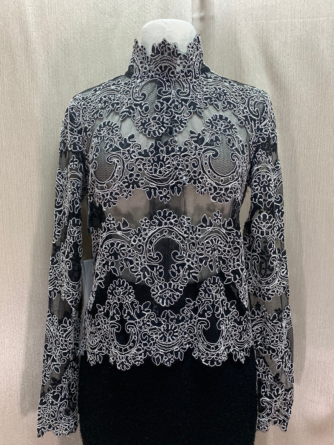 NWT - BABATON 1-01 black white Lace Mesh Varda Long Sleeve Blouse - S