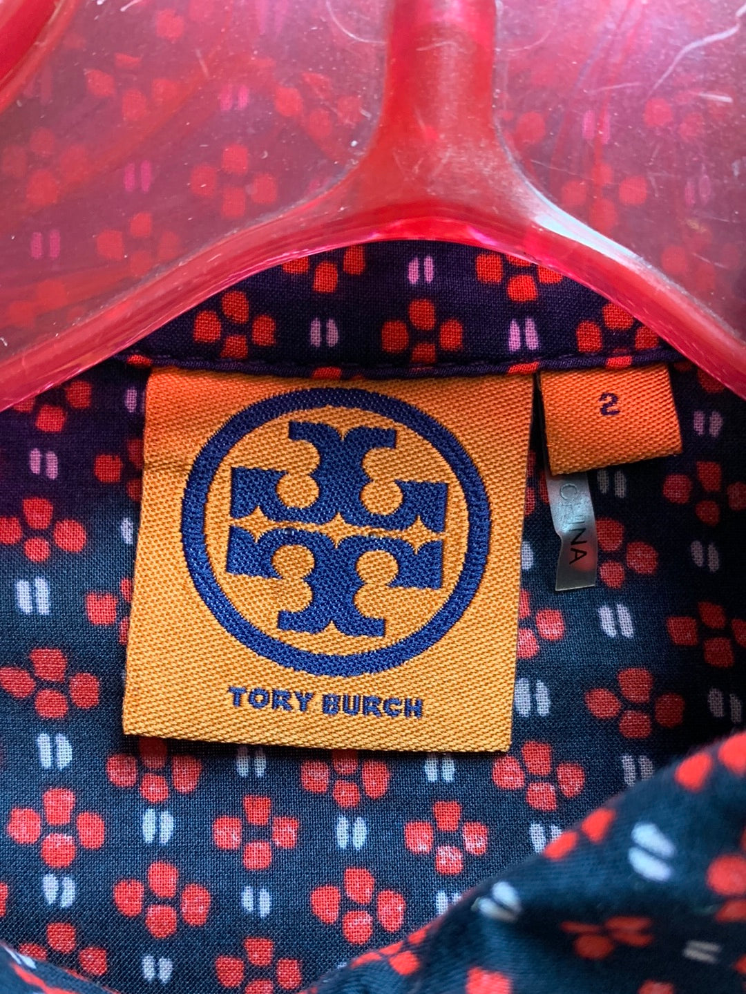 TORY BURCH navy red print Cotton Roll Tab Long Sleeve Blouse - 2