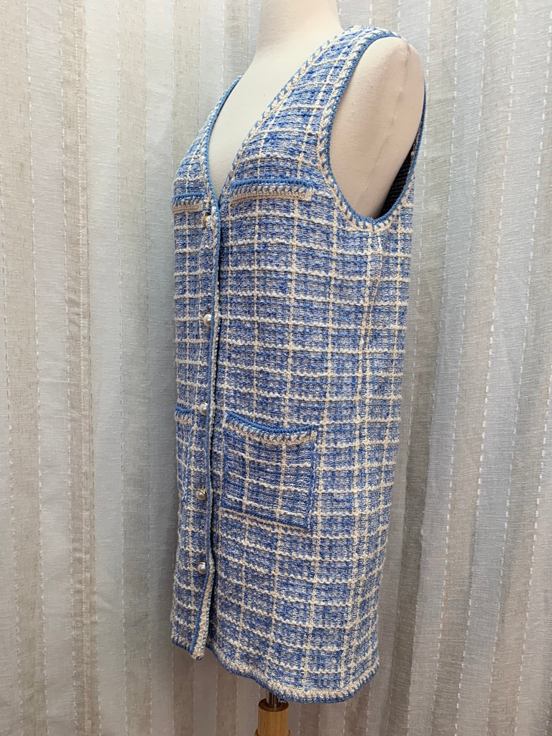 NWT - MANGO blue cream Sleeveless Button Front Tweed Pocket Dress - Small
