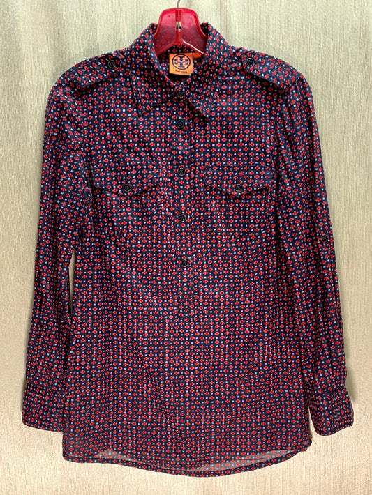 TORY BURCH navy red print Cotton Roll Tab Long Sleeve Blouse - 2