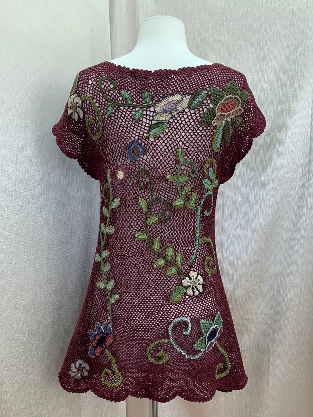 PERUVIAN CONNECTION maroon green Pima Cotton Crochet Floral Top - L