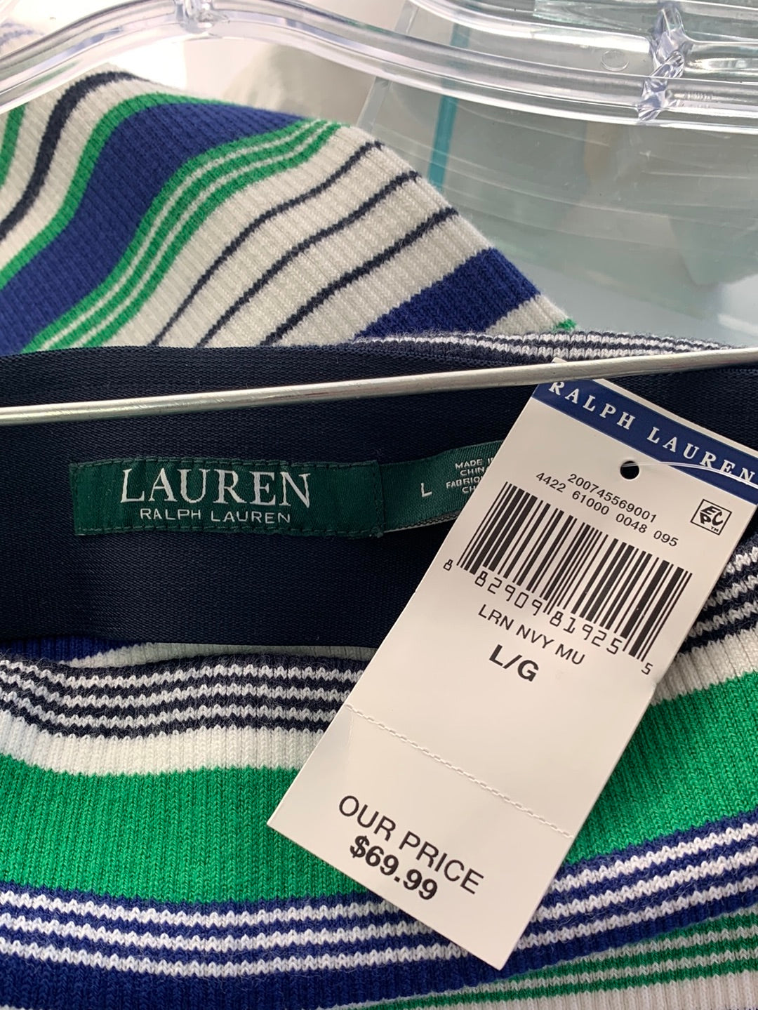 NWT - LAUREN RALPH LAUREN blue Stripe Rib Knit Pull On Midi Skirt - L