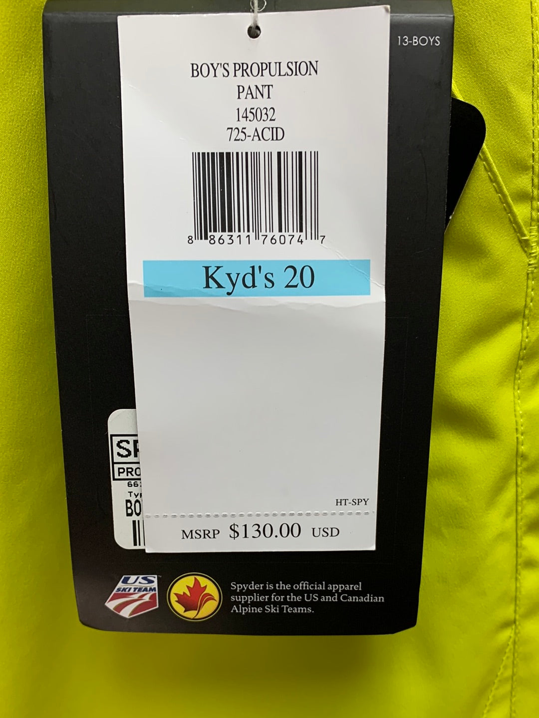 NWT - SPYDER acid neon yellow Ski Propulsion Insulated Pants - Kyd's 20