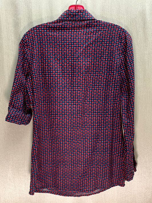 TORY BURCH navy red print Cotton Roll Tab Long Sleeve Blouse - 2