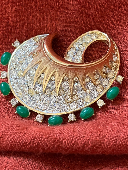 Vintage Capri Goldtone, Rhinestone, and Green Cabachon Stone Brooch