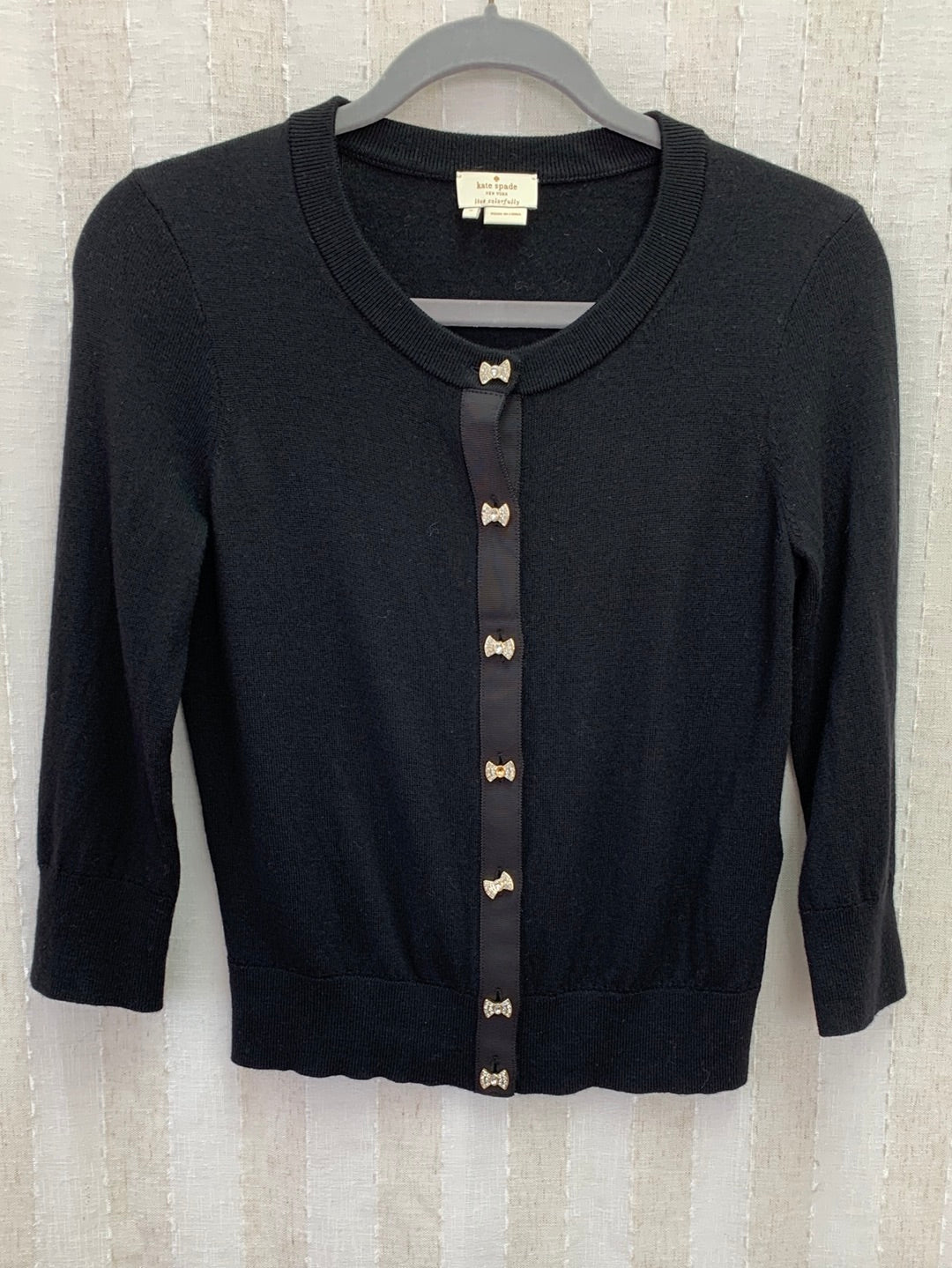 KATE SPADE black Wool Rhinestone Bow Button 3/4 Sleeve Cardigan - Small