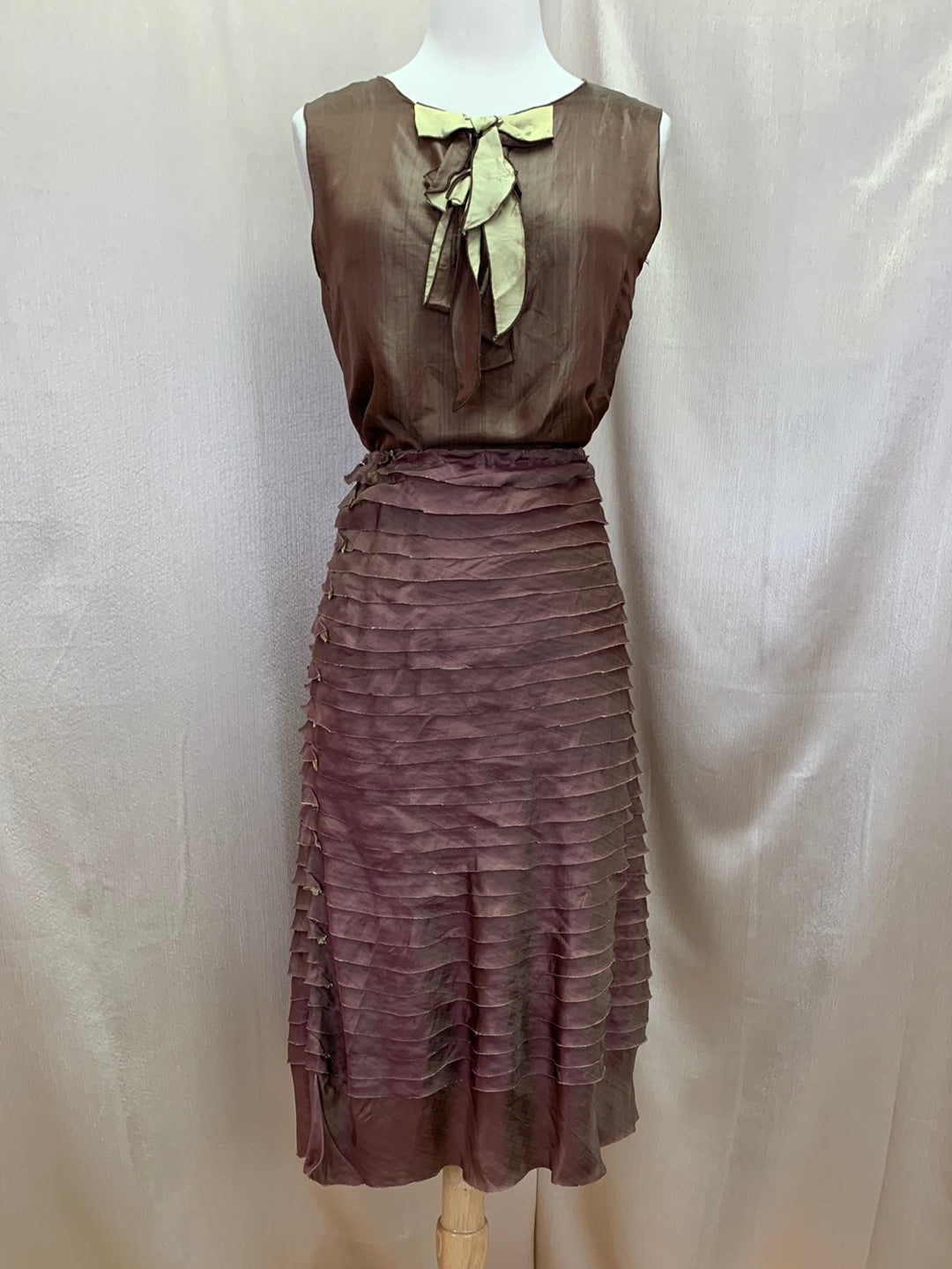 CHAN LUU brown pink gold Silk Ruffle Midi Skirt -- S