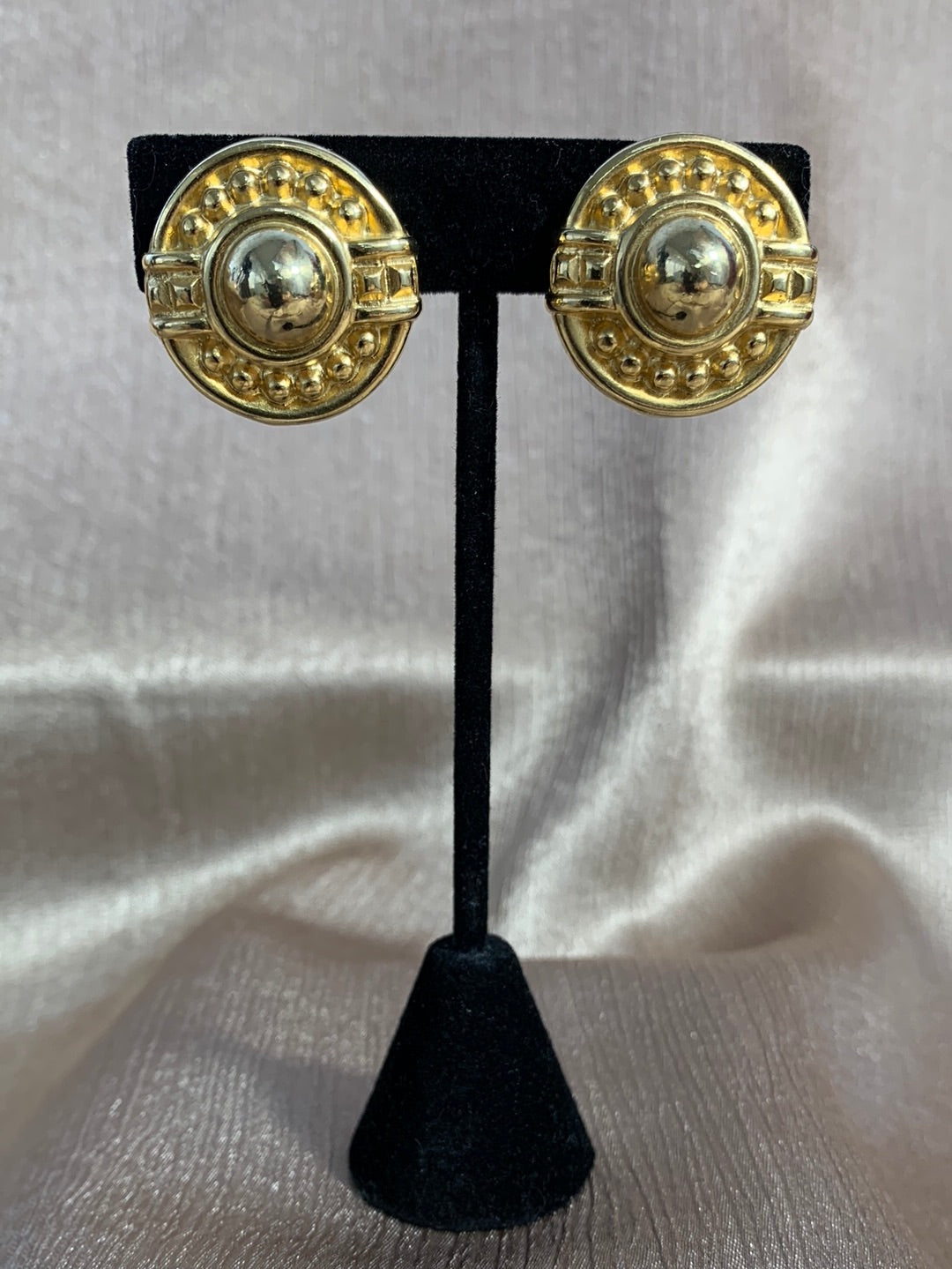 Vintage - GIVENCHY gold tone Round Dome Signed Clip Earrings - 1"