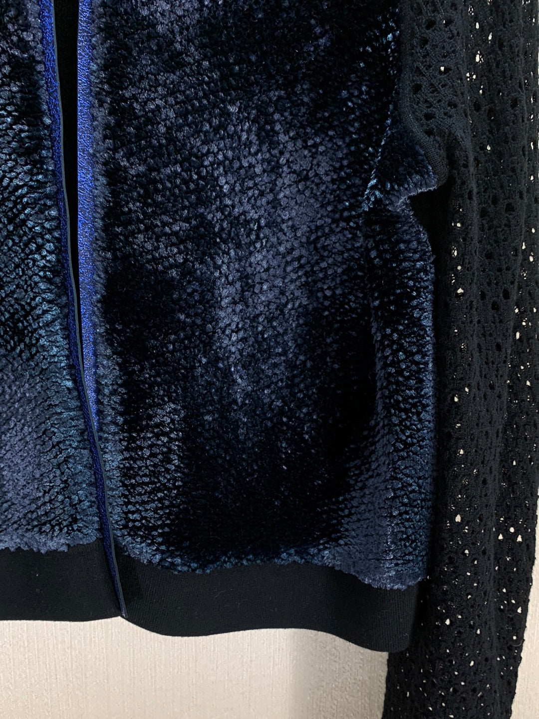 ELIE TAHARI black blue Merino Wool Viscose Velvet Lamb Leather Trim Jacket - L