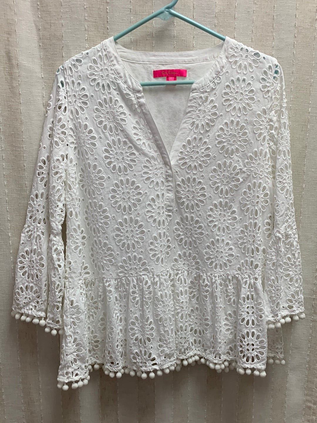 LILLY PULITZER white Eyelet 3/4 Sleeve Bekah Pull-Over Blouse - Large