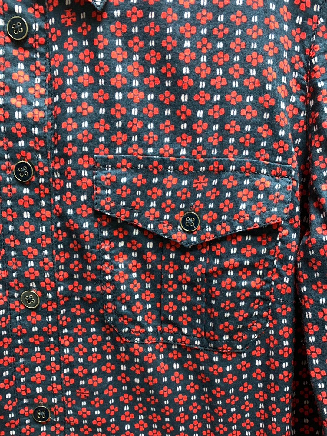 TORY BURCH navy red print Cotton Roll Tab Long Sleeve Blouse - 2