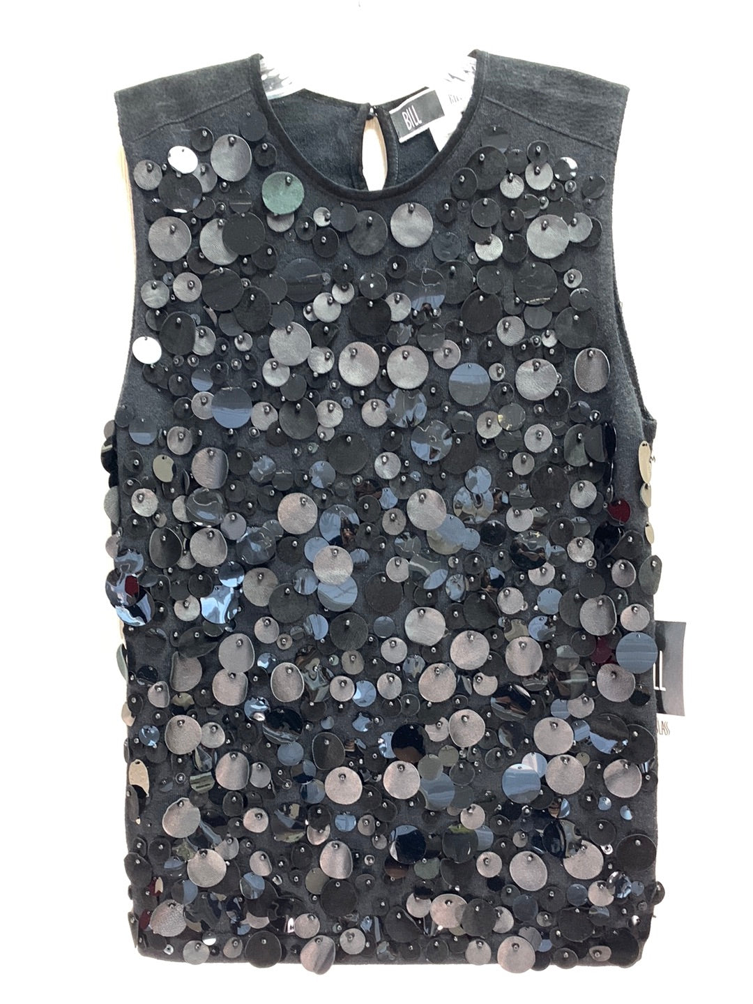 NWT - BILL BLASS black Merino Wool Leather Sequin Sleeveless Top - S