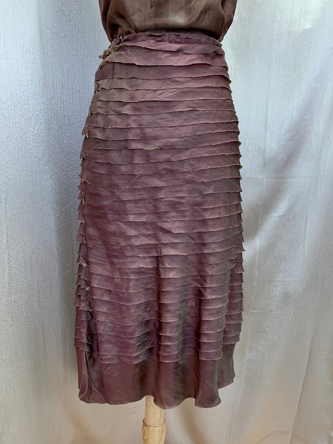 CHAN LUU brown pink gold Silk Ruffle Midi Skirt -- S