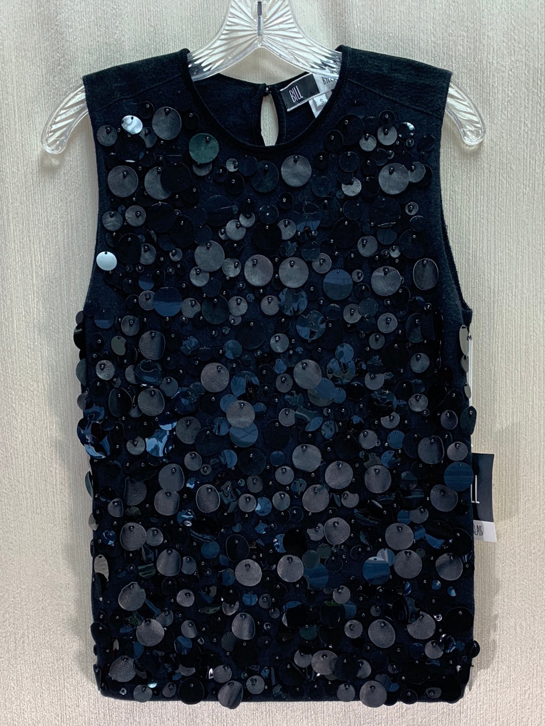 NWT - BILL BLASS black Merino Wool Leather Sequin Sleeveless Top - S
